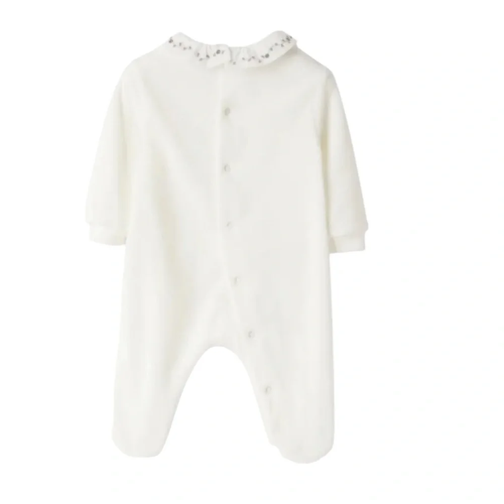 Il Gufo baby white cotton velour jumpsuit floral embroidered collar Size 9M NWT